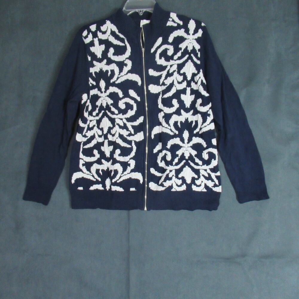 Weekends by Chicos Cardigan Womens Size 2 Blue Ornate Full Zip Sweater Momcore